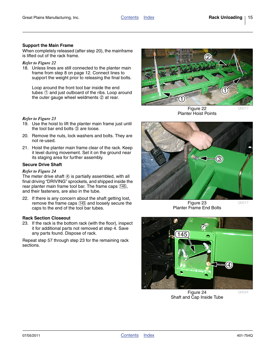 Support the main frame, Secure drive shaft, Rack section closeout | Step 20, Step 18 | Great Plains YP625PD Predelivery Manual User Manual | Page 19 / 114