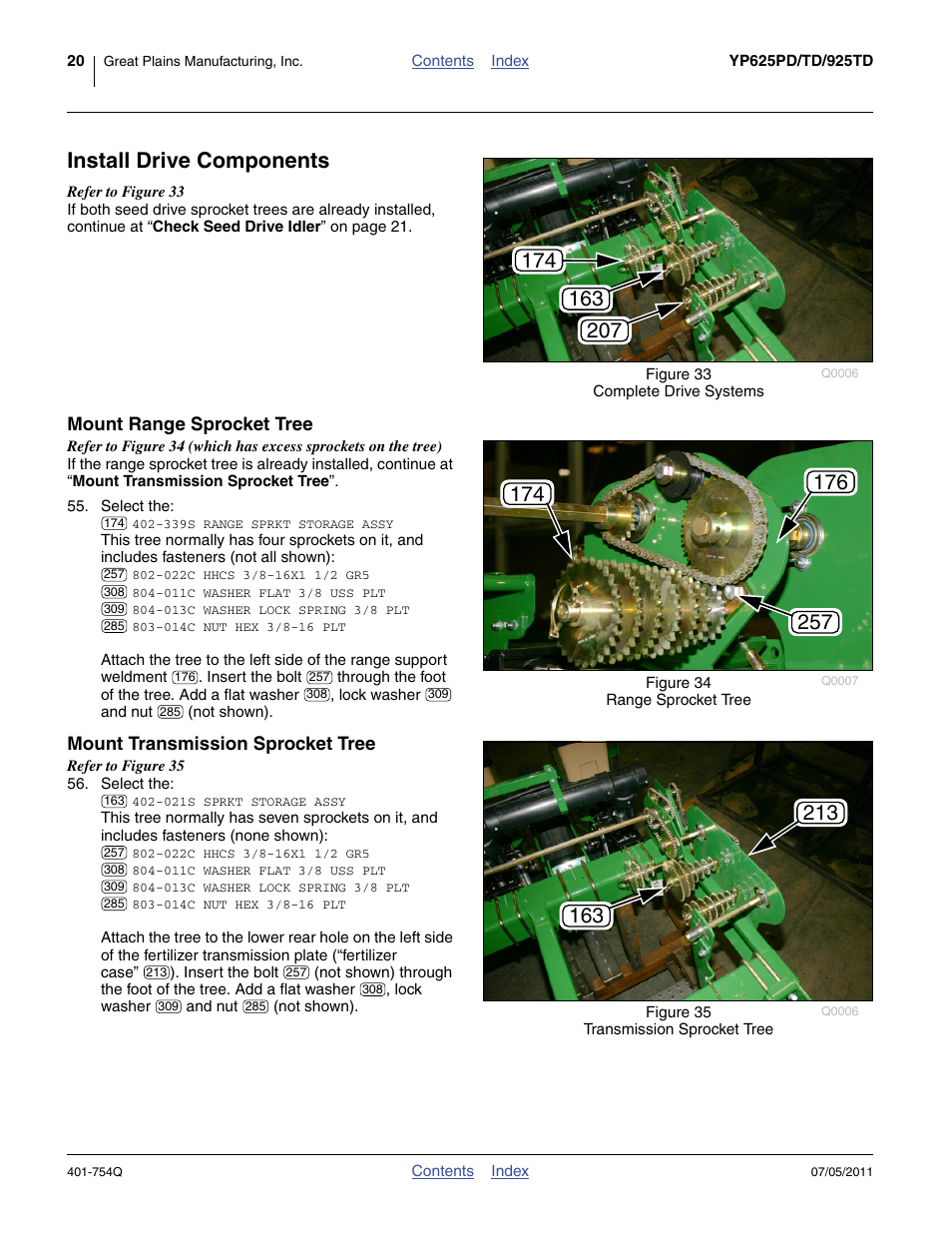 Install drive components, Mount range sprocket tree, Mount transmission sprocket tree | Great Plains YP625PD Predelivery Manual User Manual | Page 24 / 114