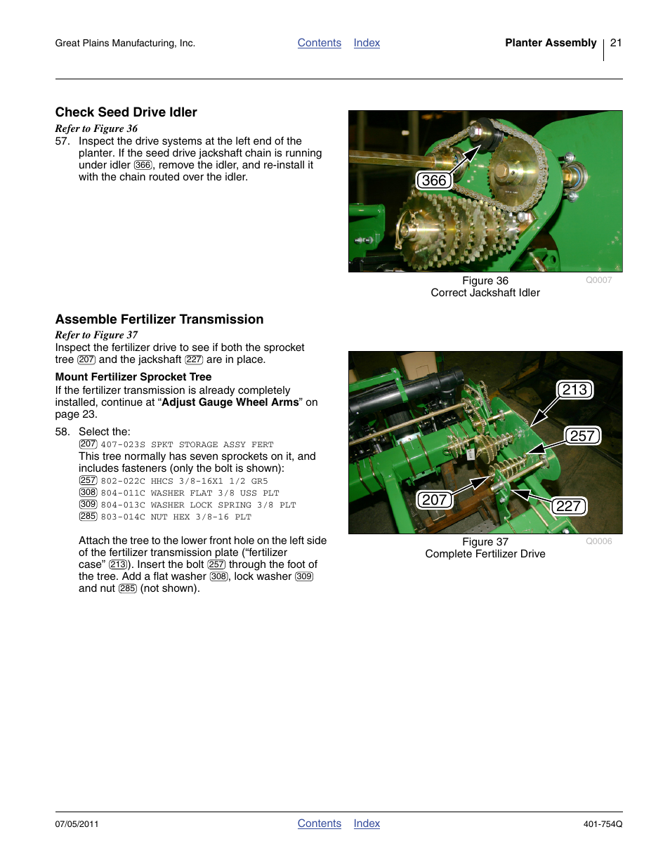 Check seed drive idler, Assemble fertilizer transmission, Mount fertilizer sprocket tree | Repeat step 57 through step | Great Plains YP625PD Predelivery Manual User Manual | Page 25 / 114