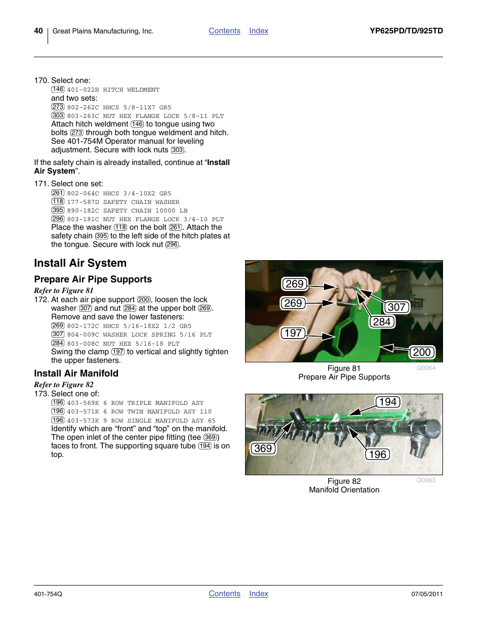 Install air system, Prepare air pipe supports, Install air manifold | Prepare air pipe supports install air manifold, Step 170 | Great Plains YP625PD Predelivery Manual User Manual | Page 44 / 114