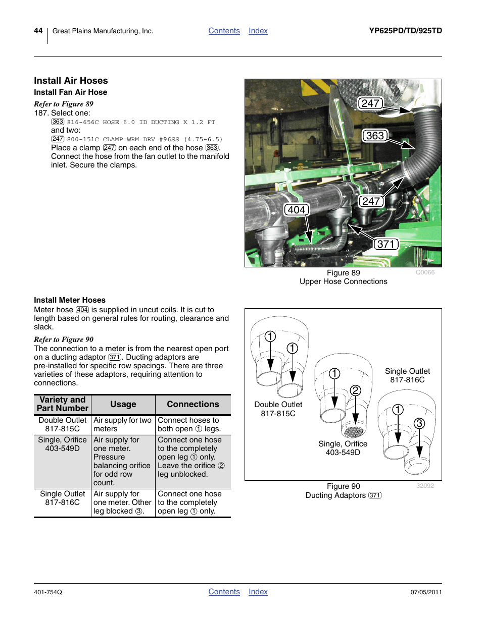 Install air hoses, Install fan air hose, Install meter hoses | Great Plains YP625PD Predelivery Manual User Manual | Page 48 / 114
