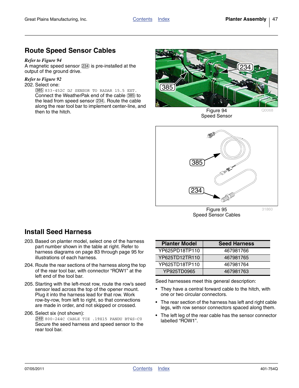 Route speed sensor cables, Install seed harness, Route speed sensor cables install seed harness | Great Plains YP625PD Predelivery Manual User Manual | Page 51 / 114