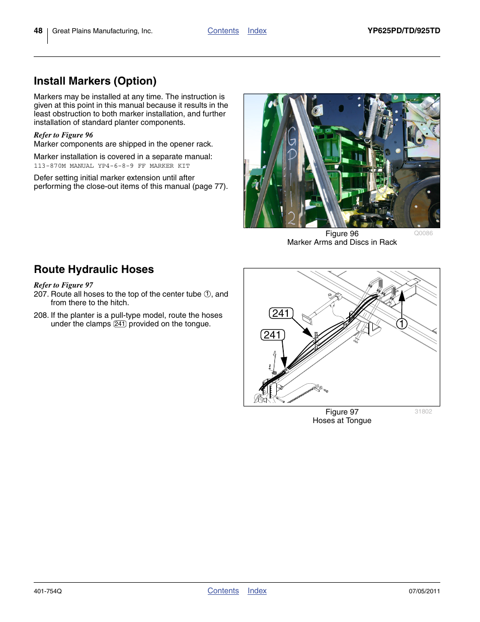 Install markers (option), Route hydraulic hoses, Install markers (option) route hydraulic hoses | Great Plains YP625PD Predelivery Manual User Manual | Page 52 / 114