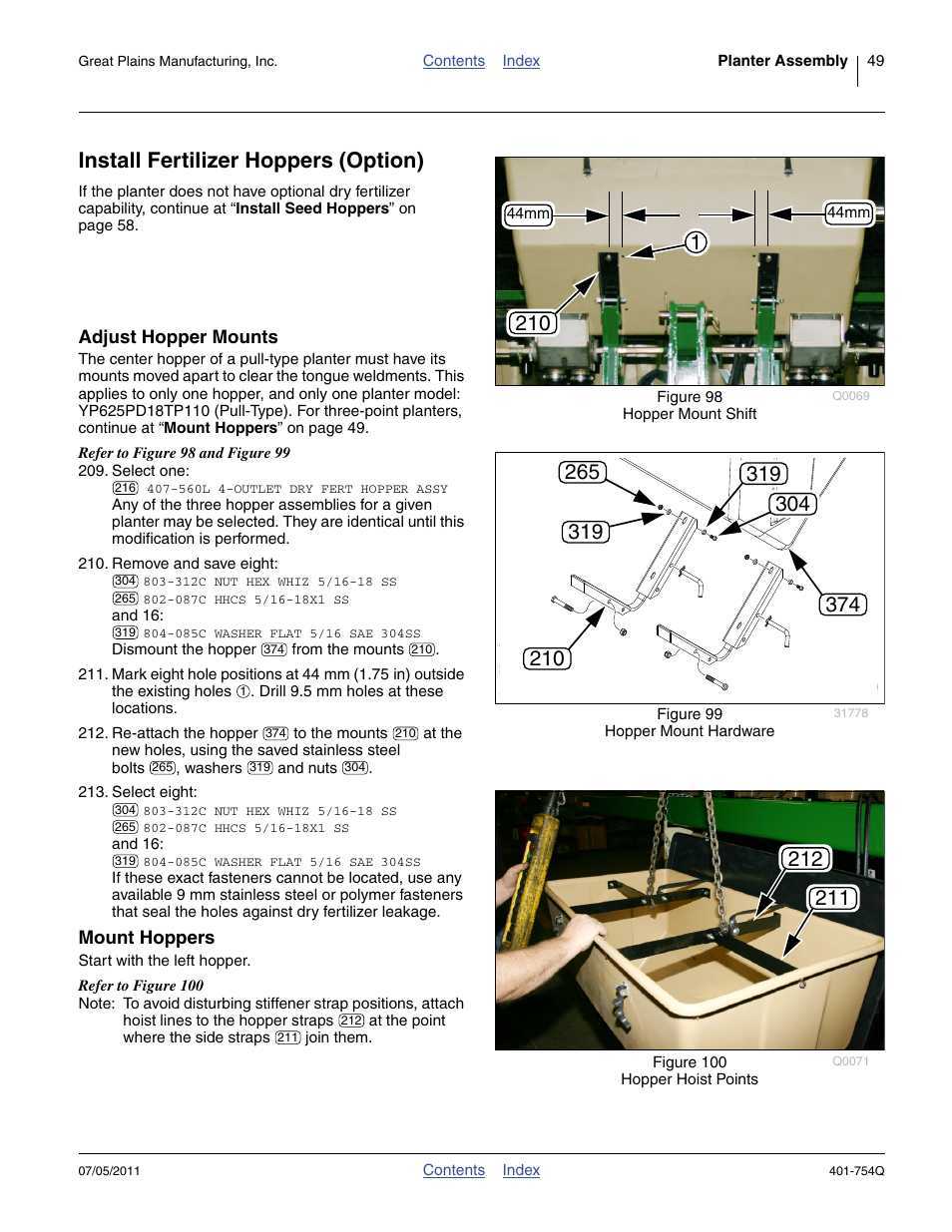 Install fertilizer hoppers (option), Adjust hopper mounts, Mount hoppers | Adjust hopper mounts mount hoppers | Great Plains YP625PD Predelivery Manual User Manual | Page 53 / 114