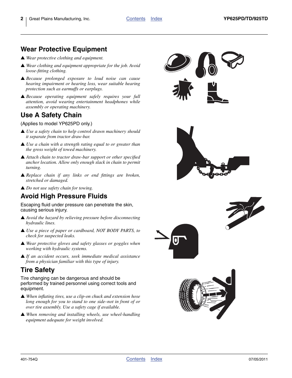 Wear protective equipment, Use a safety chain, Avoid high pressure fluids | Tire safety | Great Plains YP625PD Predelivery Manual User Manual | Page 6 / 114
