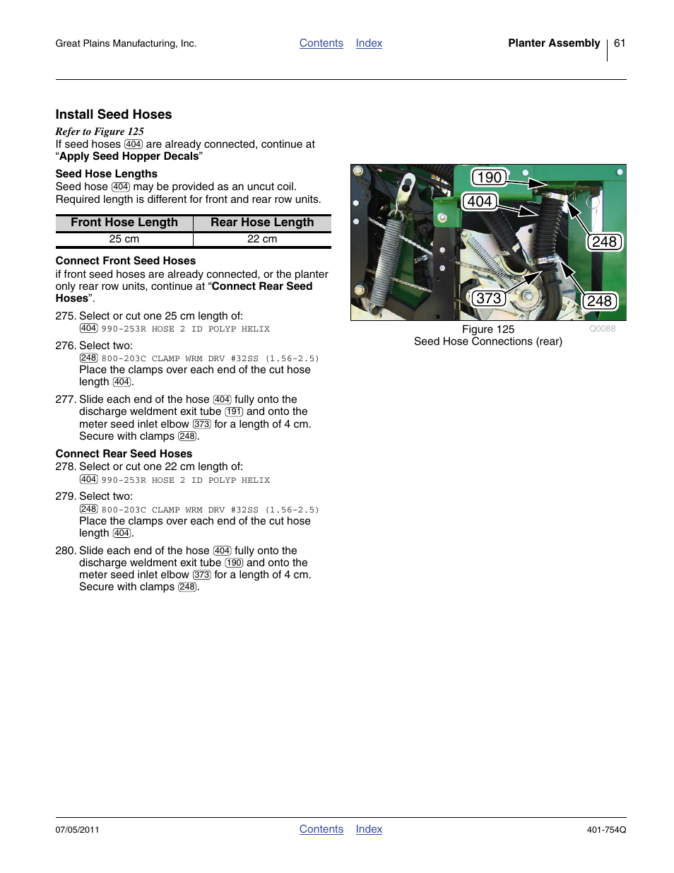 Install seed hoses, Seed hose lengths, Connect front seed hoses | Connect rear seed hoses | Great Plains YP625PD Predelivery Manual User Manual | Page 65 / 114