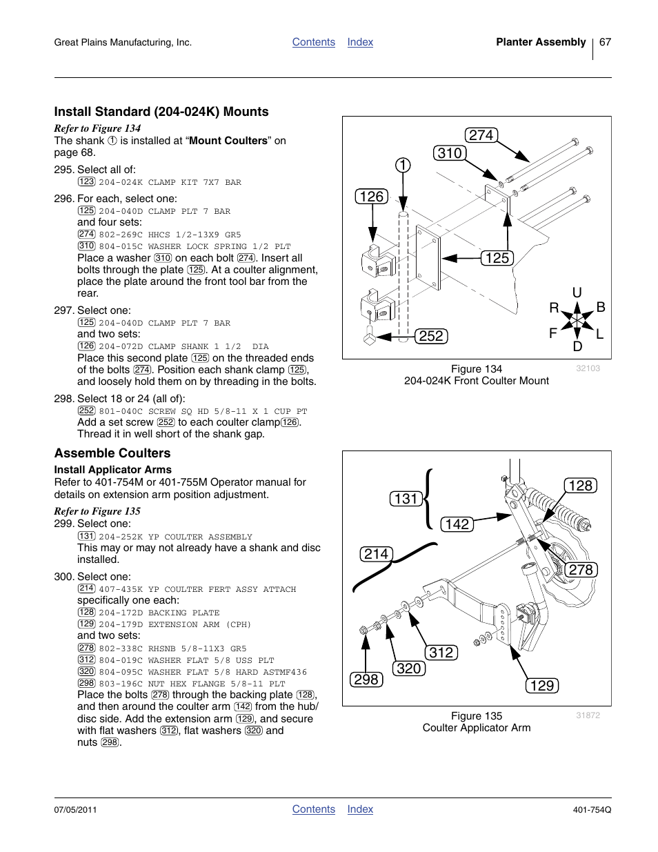 Install standard (204-024k) mounts, Assemble coulters, Install applicator arms | Great Plains YP625PD Predelivery Manual User Manual | Page 71 / 114