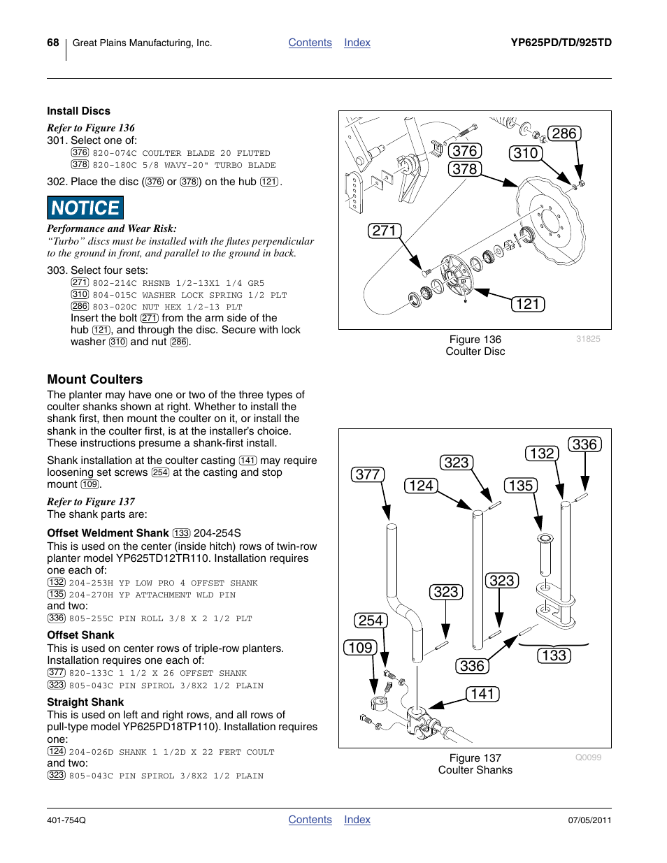 Install discs, Mount coulters, Offset weldment shank 204-254s | Offset shank, Straight shank, Is installed at “ mount coulters ” on | Great Plains YP625PD Predelivery Manual User Manual | Page 72 / 114