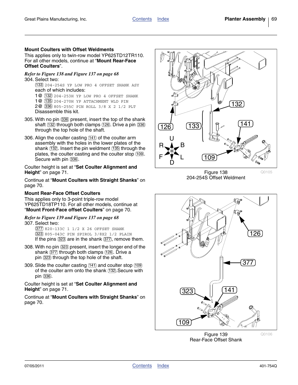 Mount coulters with offset weldments, Mount rear-face offset coulters | Great Plains YP625PD Predelivery Manual User Manual | Page 73 / 114