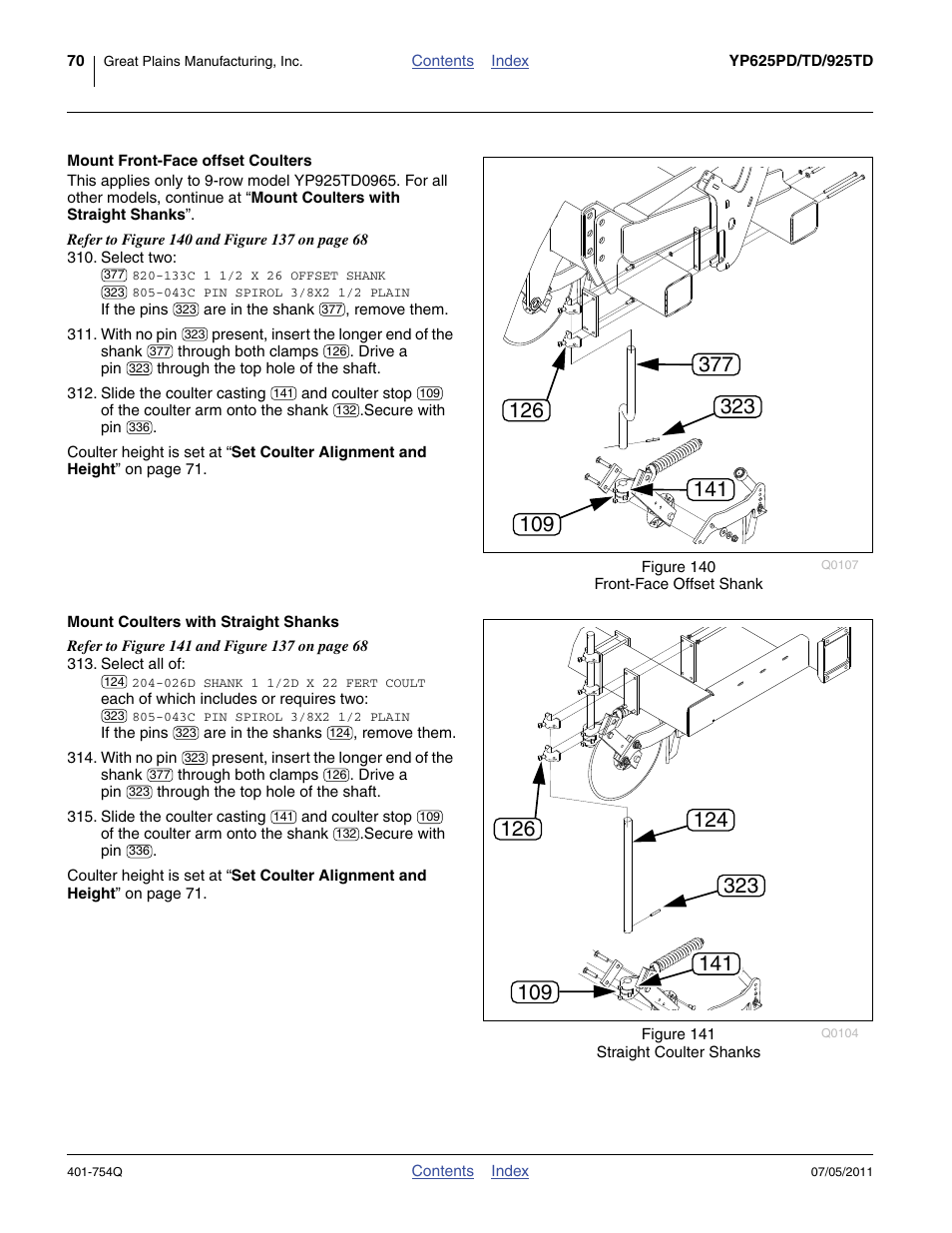 Mount front-face offset coulters, Mount coulters with straight shanks | Great Plains YP625PD Predelivery Manual User Manual | Page 74 / 114