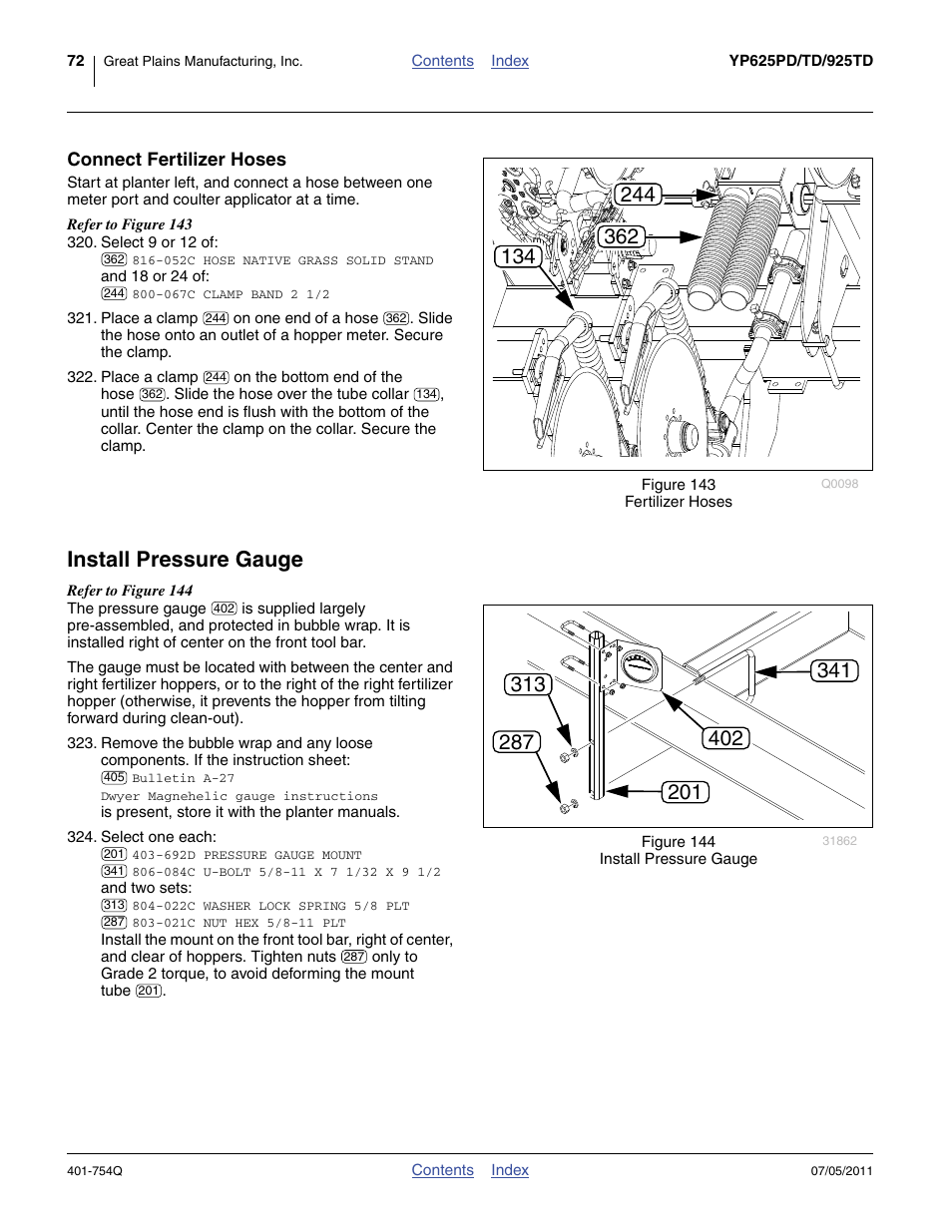 Connect fertilizer hoses, Install pressure gauge, Step 320 | Great Plains YP625PD Predelivery Manual User Manual | Page 76 / 114