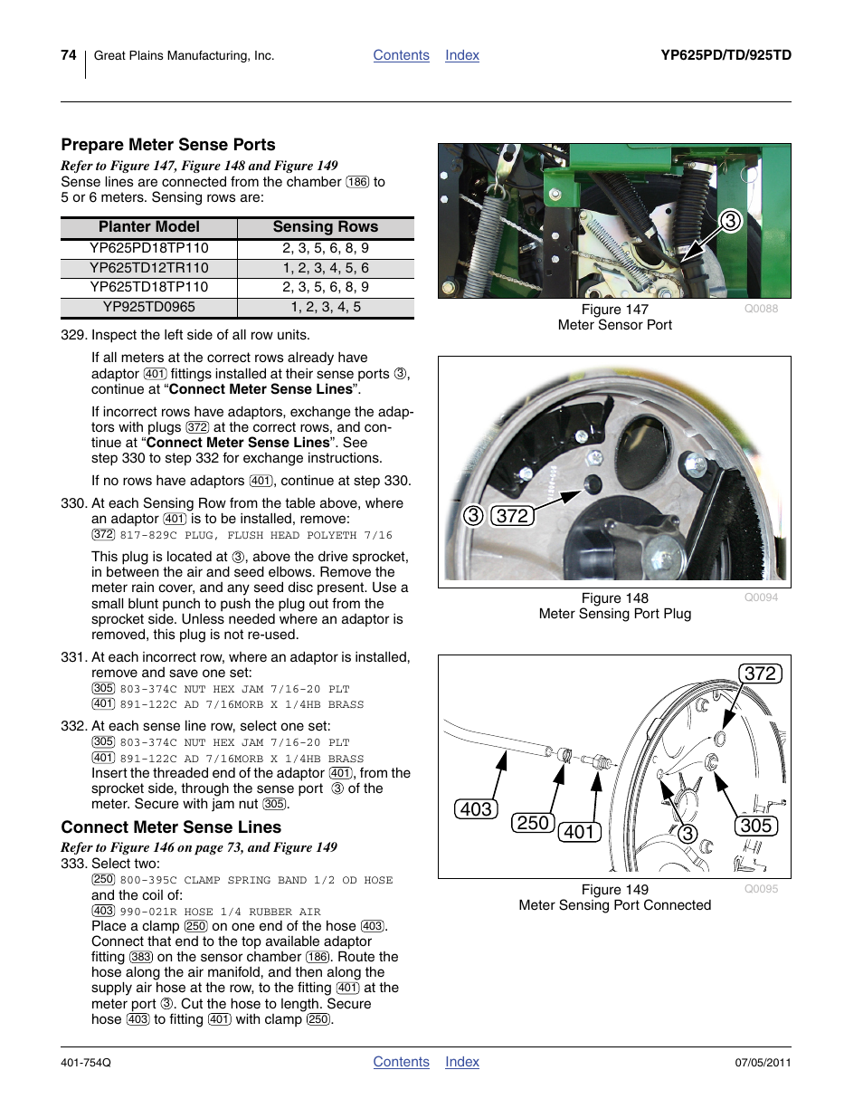 Prepare meter sense ports, Connect meter sense lines, 147), are | Great Plains YP625PD Predelivery Manual User Manual | Page 78 / 114