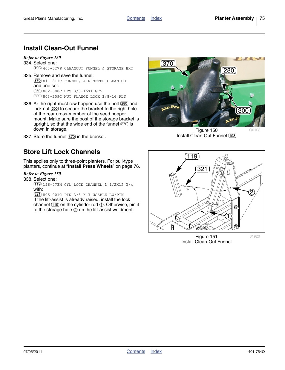 Install clean-out funnel, Store lift lock channels, Install clean-out funnel store lift lock channels | Great Plains YP625PD Predelivery Manual User Manual | Page 79 / 114