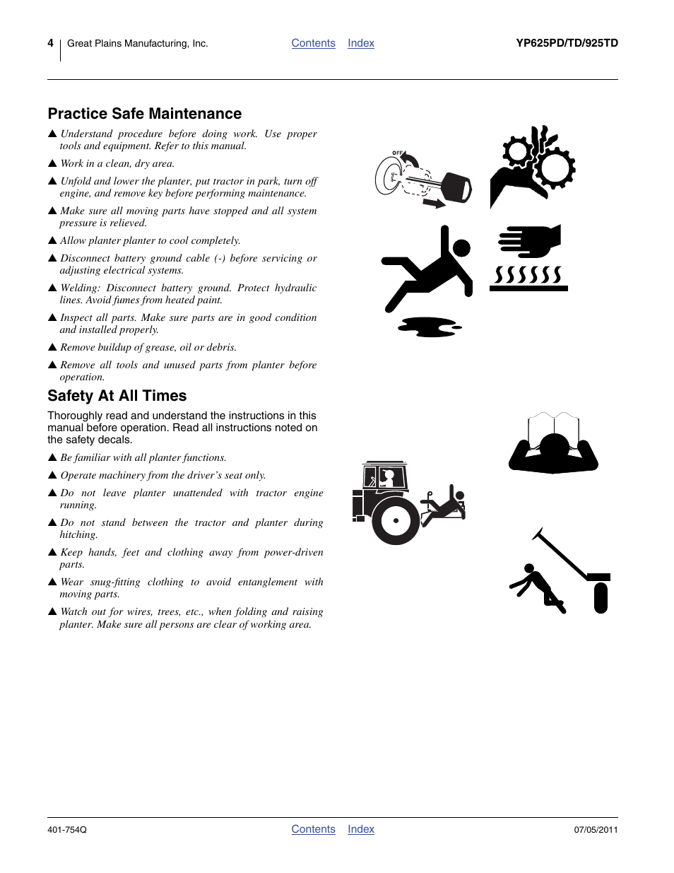 Practice safe maintenance, Safety at all times | Great Plains YP625PD Predelivery Manual User Manual | Page 8 / 114