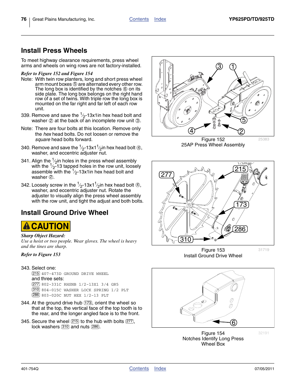 Install press wheels, Install ground drive wheel, Install press wheels install ground drive wheel | Step 343 | Great Plains YP625PD Predelivery Manual User Manual | Page 80 / 114