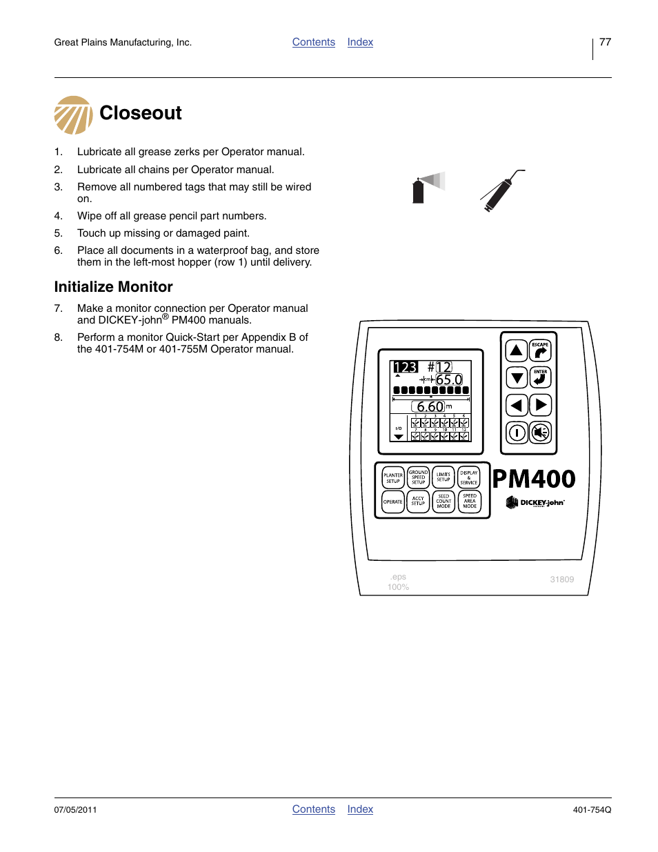 Closeout, Initialize monitor, Closeout initialize monitor | Great Plains YP625PD Predelivery Manual User Manual | Page 81 / 114
