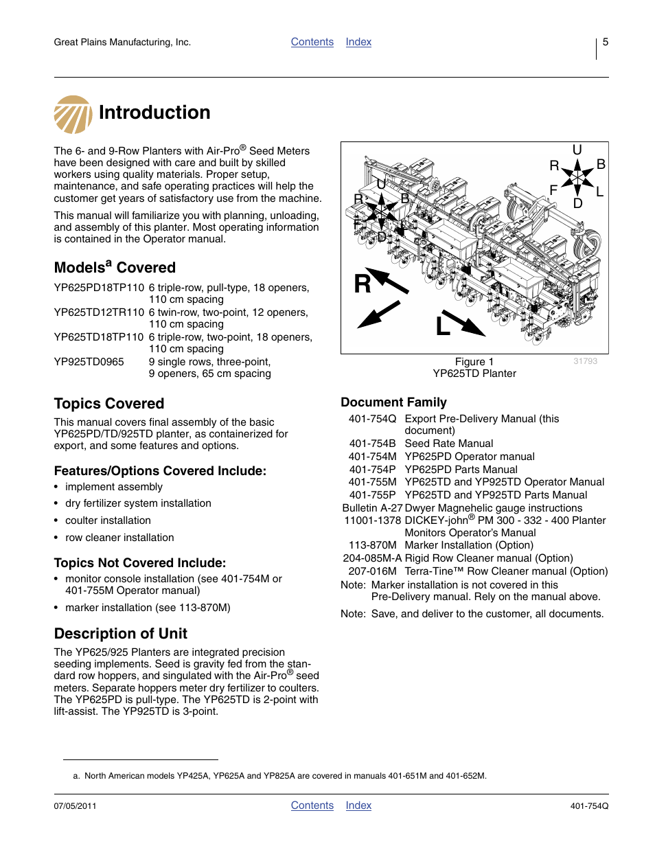 Introduction, Models covered, Topics covered | Description of unit, Document family, Models, Covered topics covered | Great Plains YP625PD Predelivery Manual User Manual | Page 9 / 114