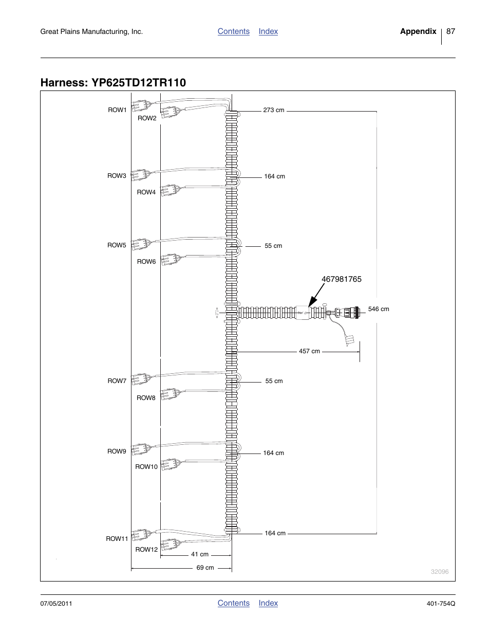 Harness: yp625td12tr110, Contents index appendix 87, Contents index | Great plains manufacturing, inc | Great Plains YP625PD Predelivery Manual User Manual | Page 91 / 114