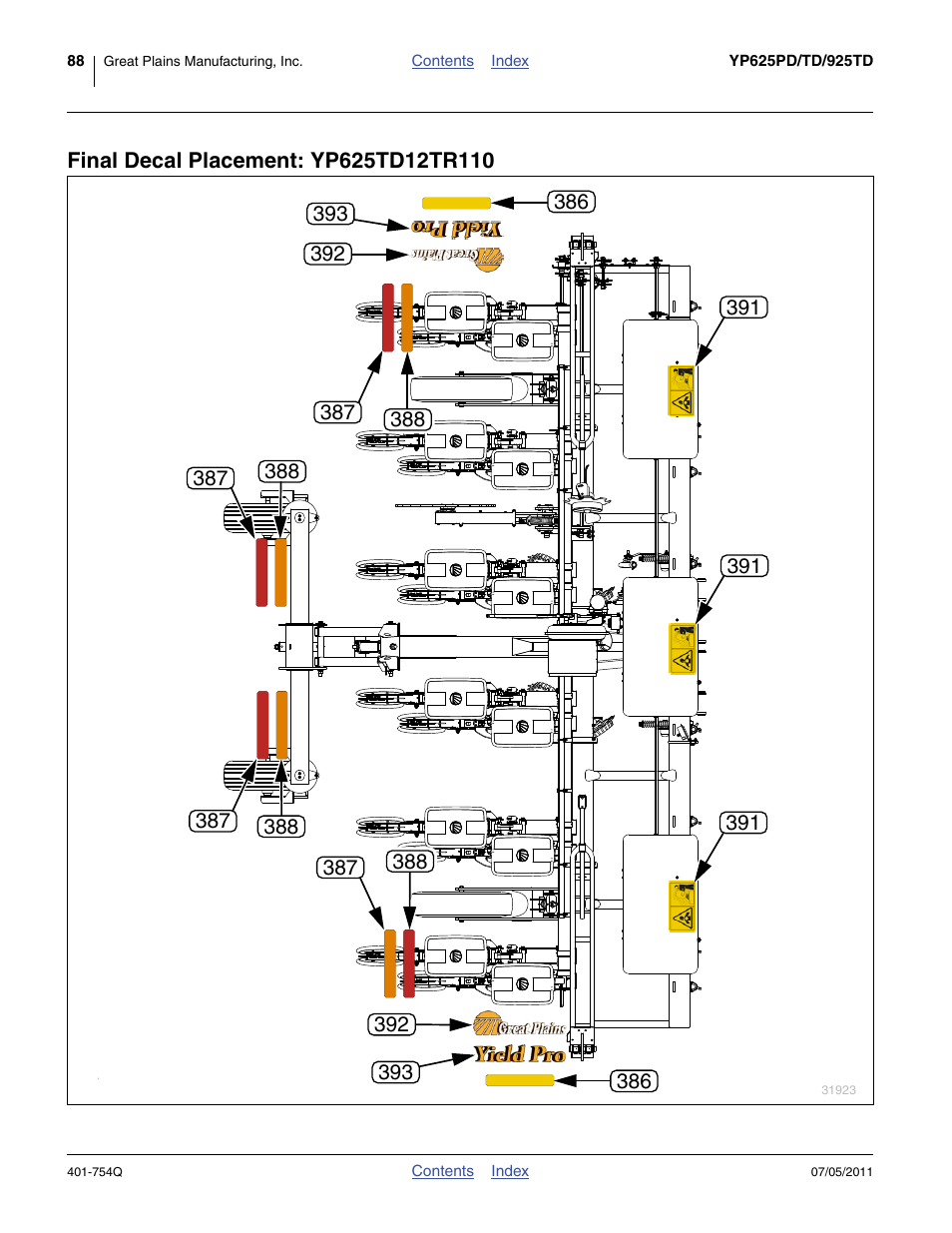 Final decal placement: yp625td12tr110 | Great Plains YP625PD Predelivery Manual User Manual | Page 92 / 114