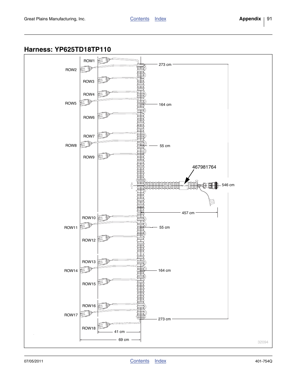 Harness: yp625td18tp110, Contents index appendix 91, Contents index | Great plains manufacturing, inc | Great Plains YP625PD Predelivery Manual User Manual | Page 95 / 114