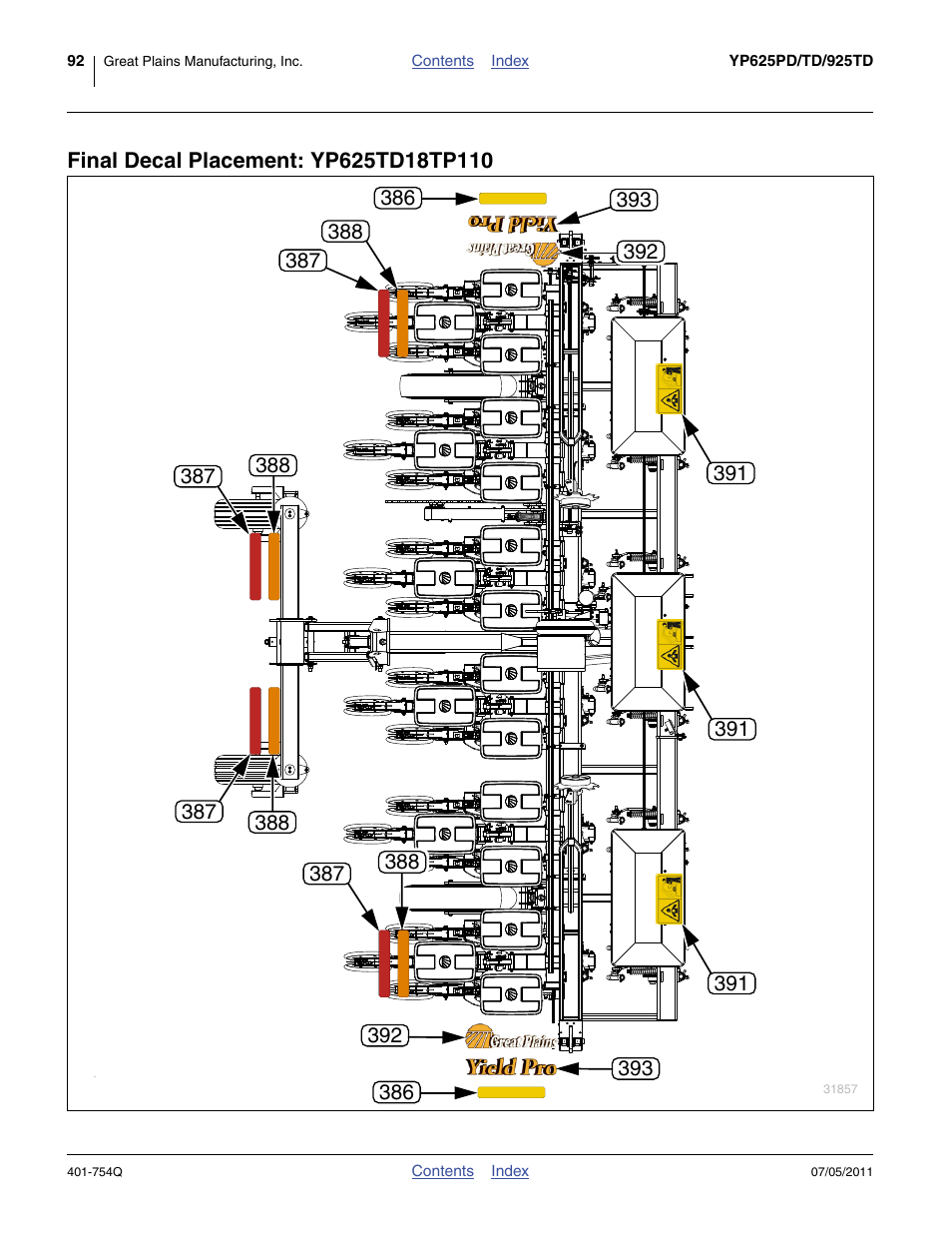 Final decal placement: yp625td18tp110 | Great Plains YP625PD Predelivery Manual User Manual | Page 96 / 114