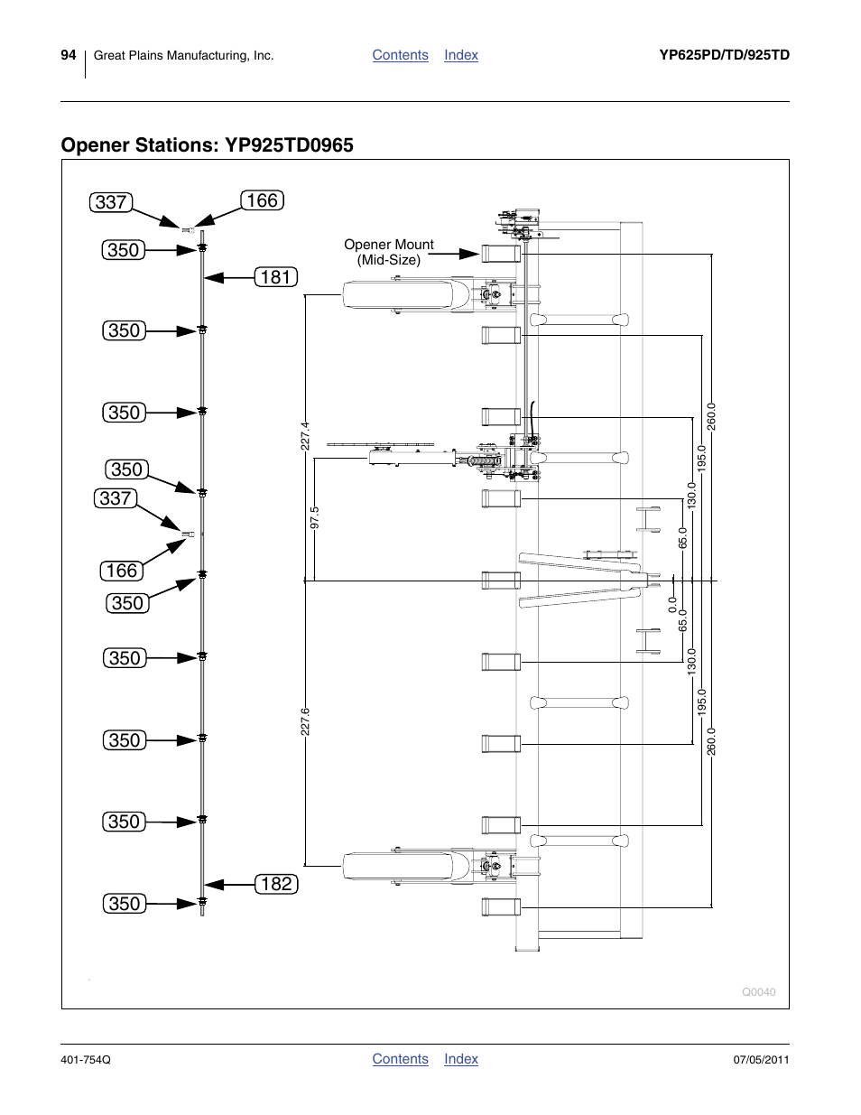 Opener stations: yp925td0965, 94 sho | Great Plains YP625PD Predelivery Manual User Manual | Page 98 / 114