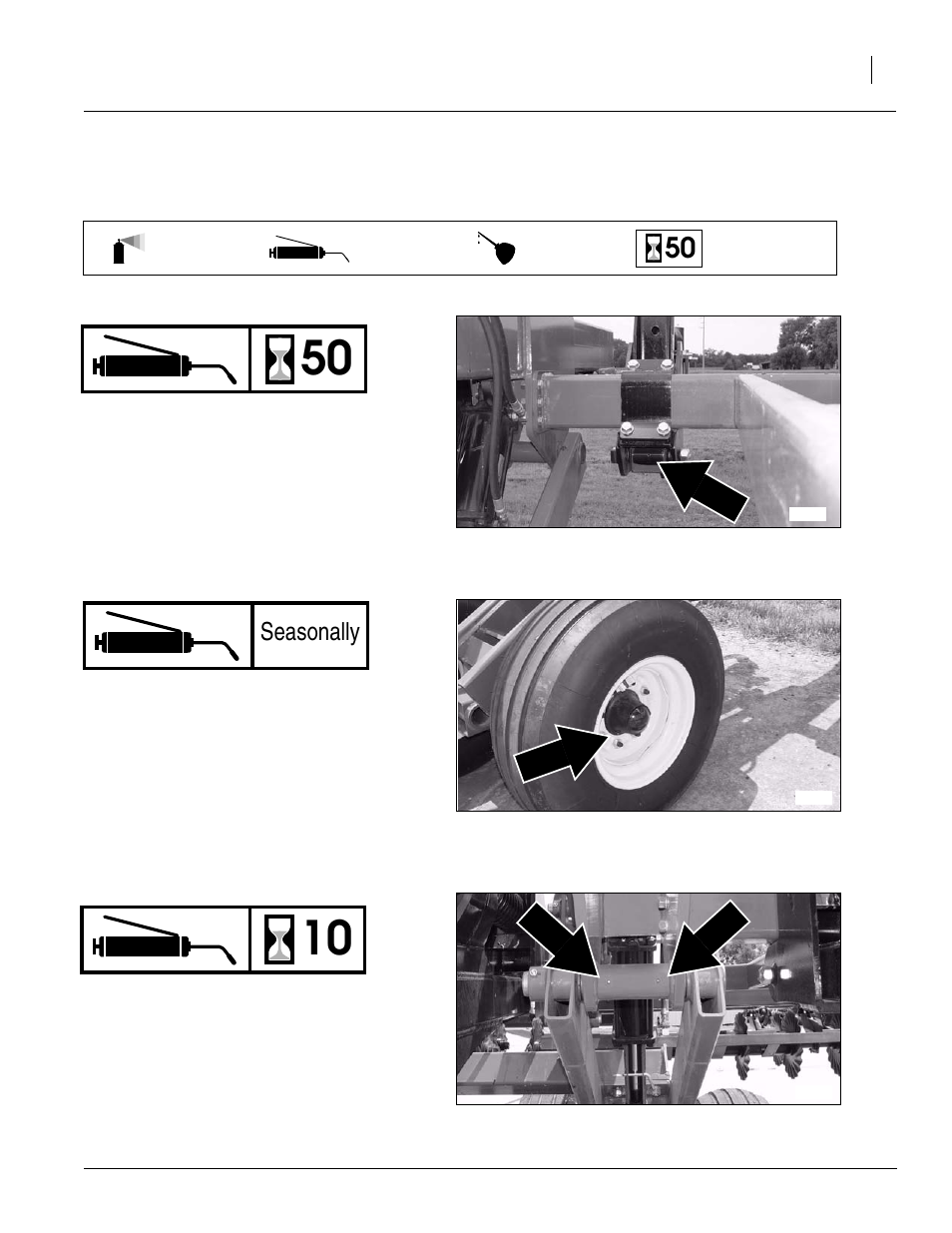 Lubrication, Wheel bearings, Shank pivot arms | Rockshaft pivot, Seasonally | Great Plains Max Cover Verti-Till Ripper Operator Manual User Manual | Page 35 / 42