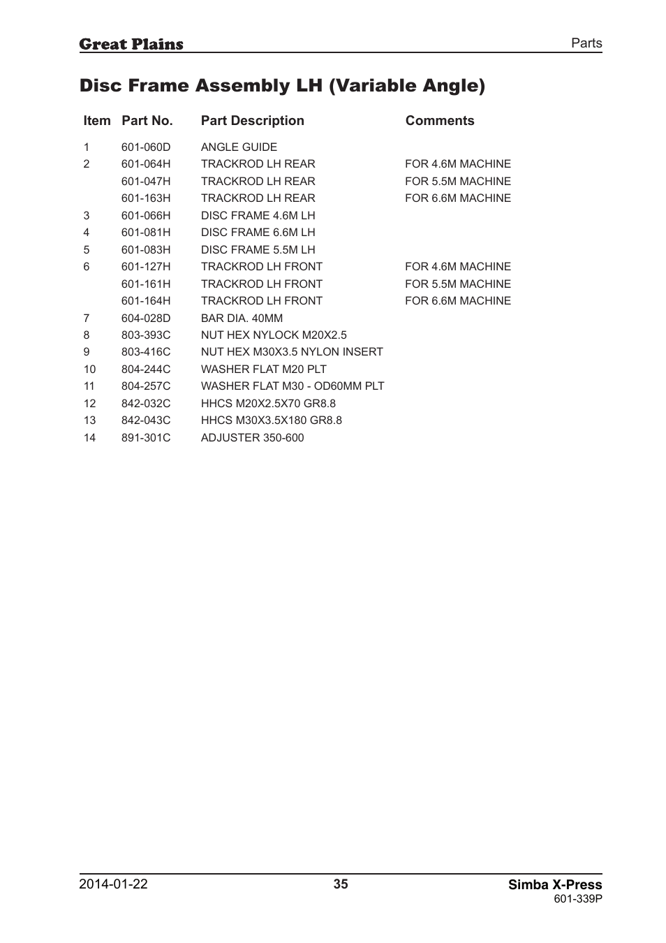 Disc frame assembly lh (variable angle) | Great Plains X-Press Parts Manual User Manual | Page 35 / 76