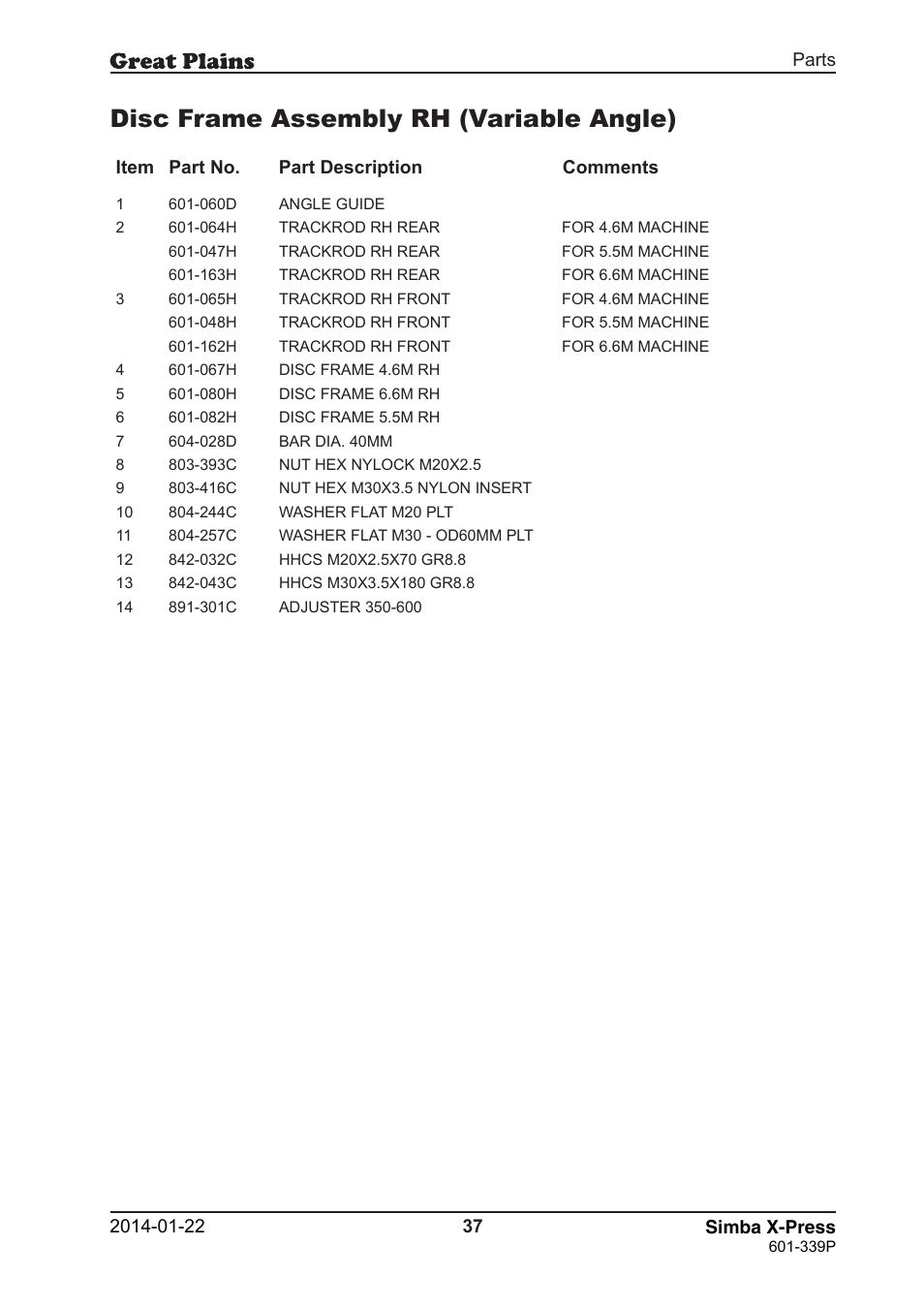 Disc frame assembly rh (variable angle) | Great Plains X-Press Parts Manual User Manual | Page 37 / 76