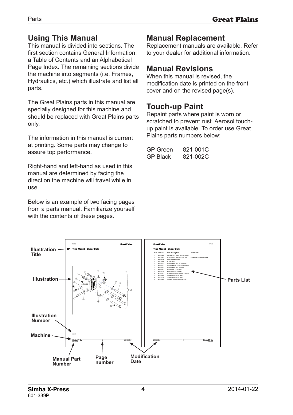 Using this manual, Manual replacement, Manual revisions | Touch-up paint, 4simba x-press, 339p, Illustration | Great Plains X-Press Parts Manual User Manual | Page 4 / 76