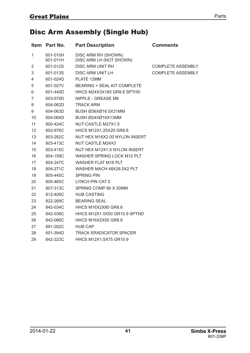 Disc arm assembly (single hub) | Great Plains X-Press Parts Manual User Manual | Page 41 / 76