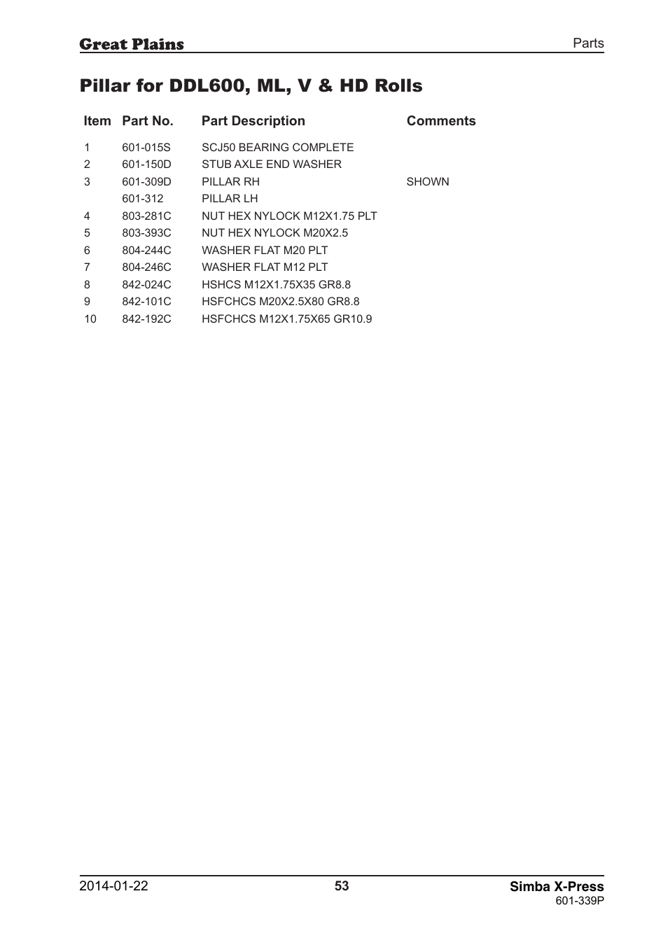 Pillar for ddl600, ml, v & hd rolls | Great Plains X-Press Parts Manual User Manual | Page 53 / 76