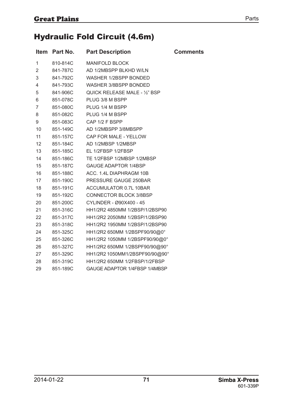 Hydraulic fold circuit (4.6m) | Great Plains X-Press Parts Manual User Manual | Page 71 / 76