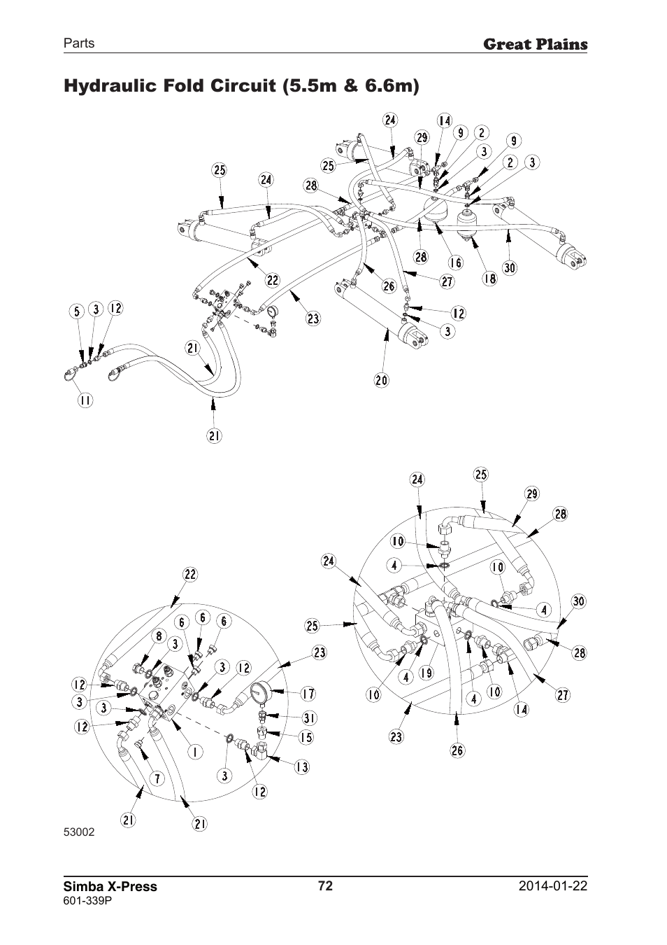 Hydraulic fold circuit (5.5m & 6.6m) | Great Plains X-Press Parts Manual User Manual | Page 72 / 76
