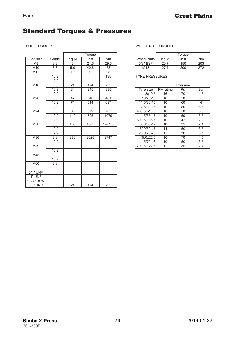 Standard torques & pressures, 74 simba x-press | Great Plains X-Press Parts Manual User Manual | Page 74 / 76