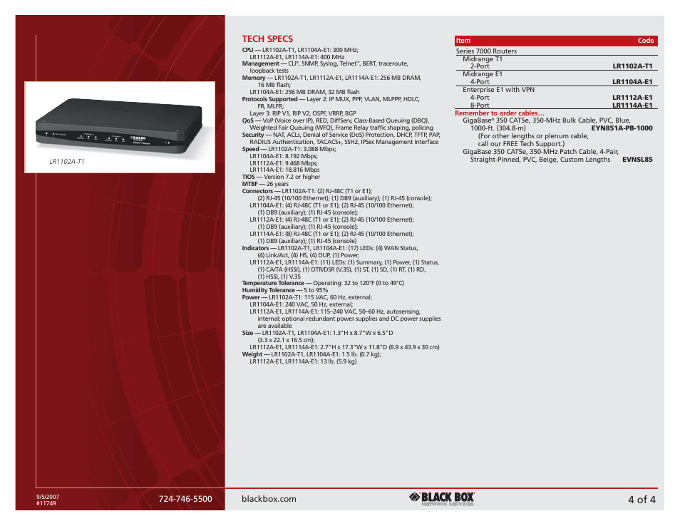 4 of 4, Tech specs | Black Box 7000 T1/E1 User Manual | Page 4 / 4