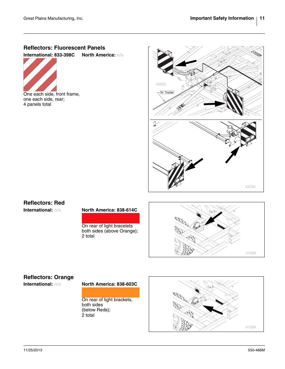 Reflectors: fluorescent panels, International: 833-398c, North america: n/a | Reflectors: red, International: n/a, North america: 838-614c, Reflectors: orange, North america: 838-603c | Great Plains DVN8324 Operator Manual User Manual | Page 15 / 78