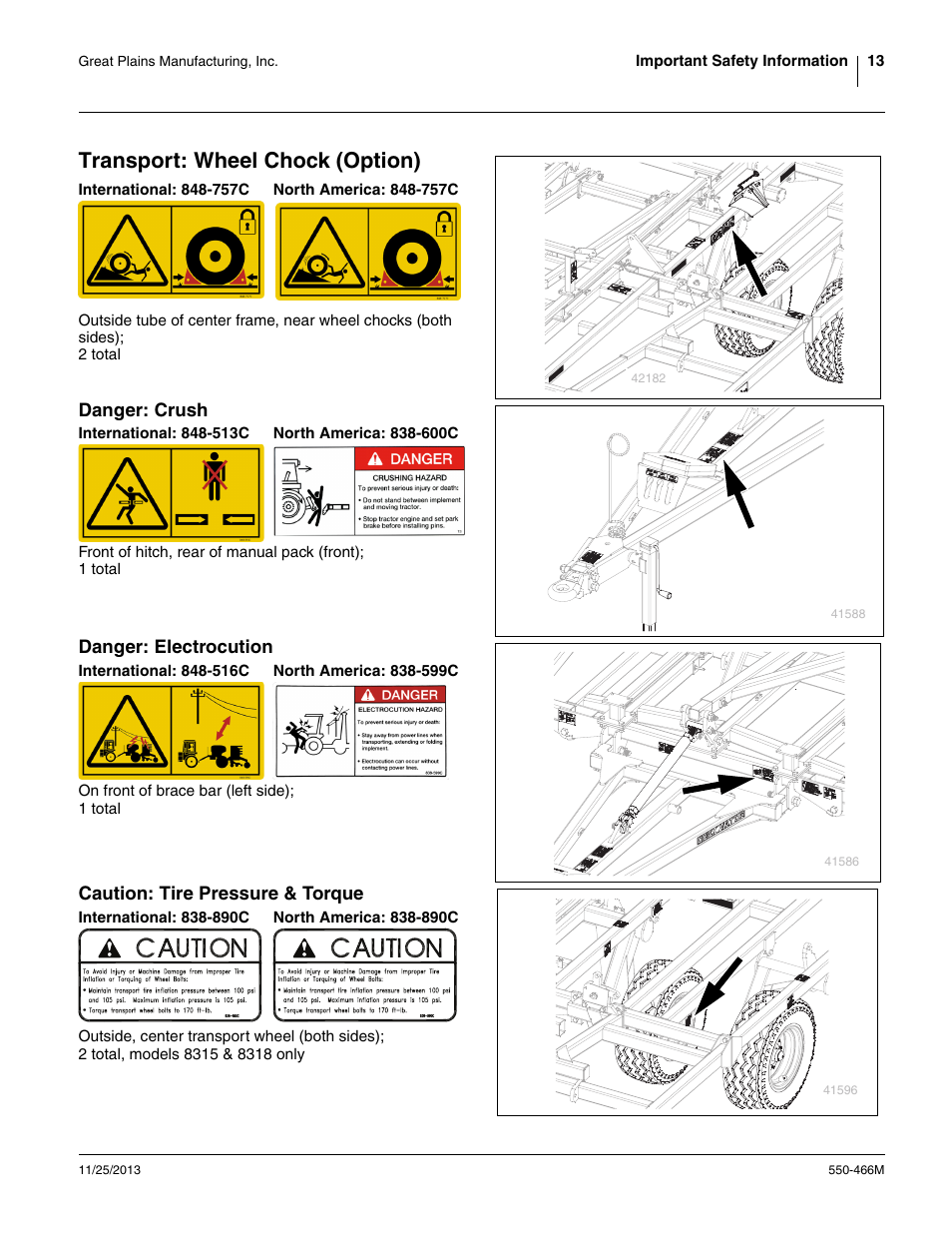 Transport: wheel chock (option), International: 848-757c, North america: 848-757c | Danger: crush, International: 848-513c, North america: 838-600c, Danger: electrocution, International: 848-516c, North america: 838-599c, Caution: tire pressure & torque | Great Plains DVN8324 Operator Manual User Manual | Page 17 / 78