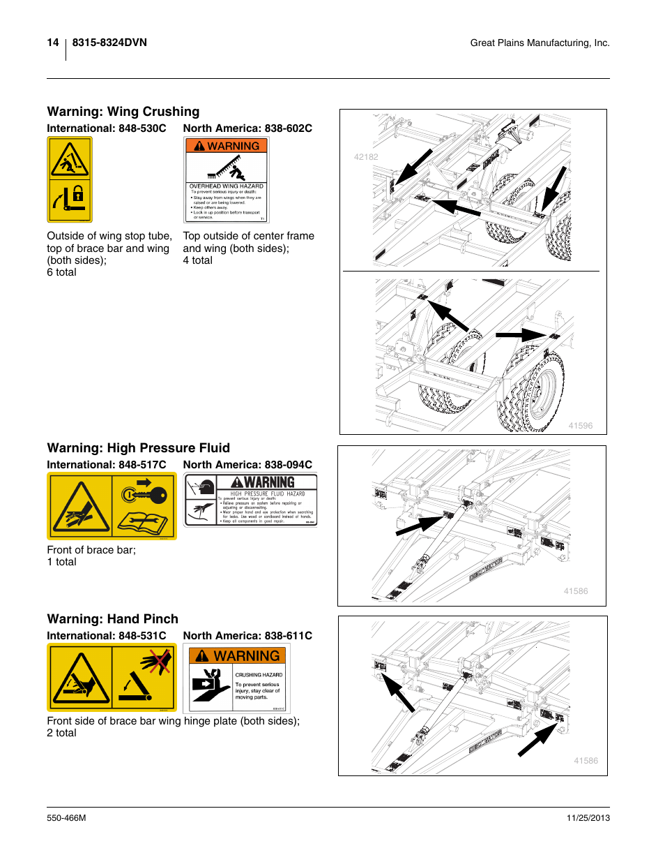 Warning: wing crushing, Warning: high pressure fluid, International: 848-517c | North america: 838-094c, Warning: hand pinch, International: 848-531c, North america: 838-611c | Great Plains DVN8324 Operator Manual User Manual | Page 18 / 78