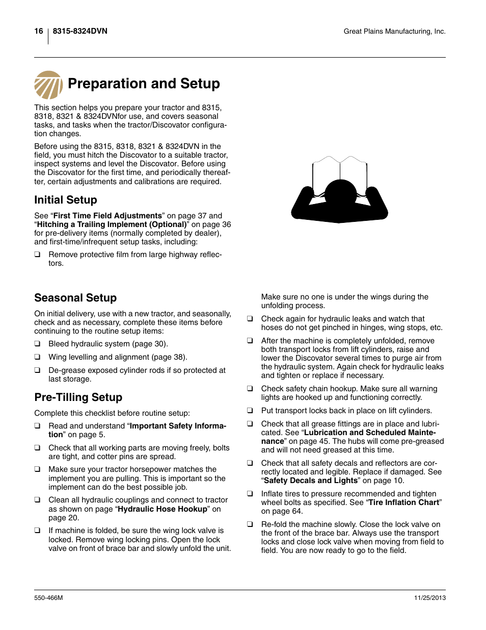 Preparation and setup, Initial setup, Seasonal setup | Pre-tilling setup | Great Plains DVN8324 Operator Manual User Manual | Page 20 / 78