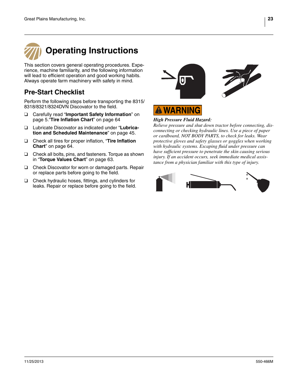 Operating instructions, Pre-start checklist, Operating instructions pre-start checklist | Great Plains DVN8324 Operator Manual User Manual | Page 27 / 78