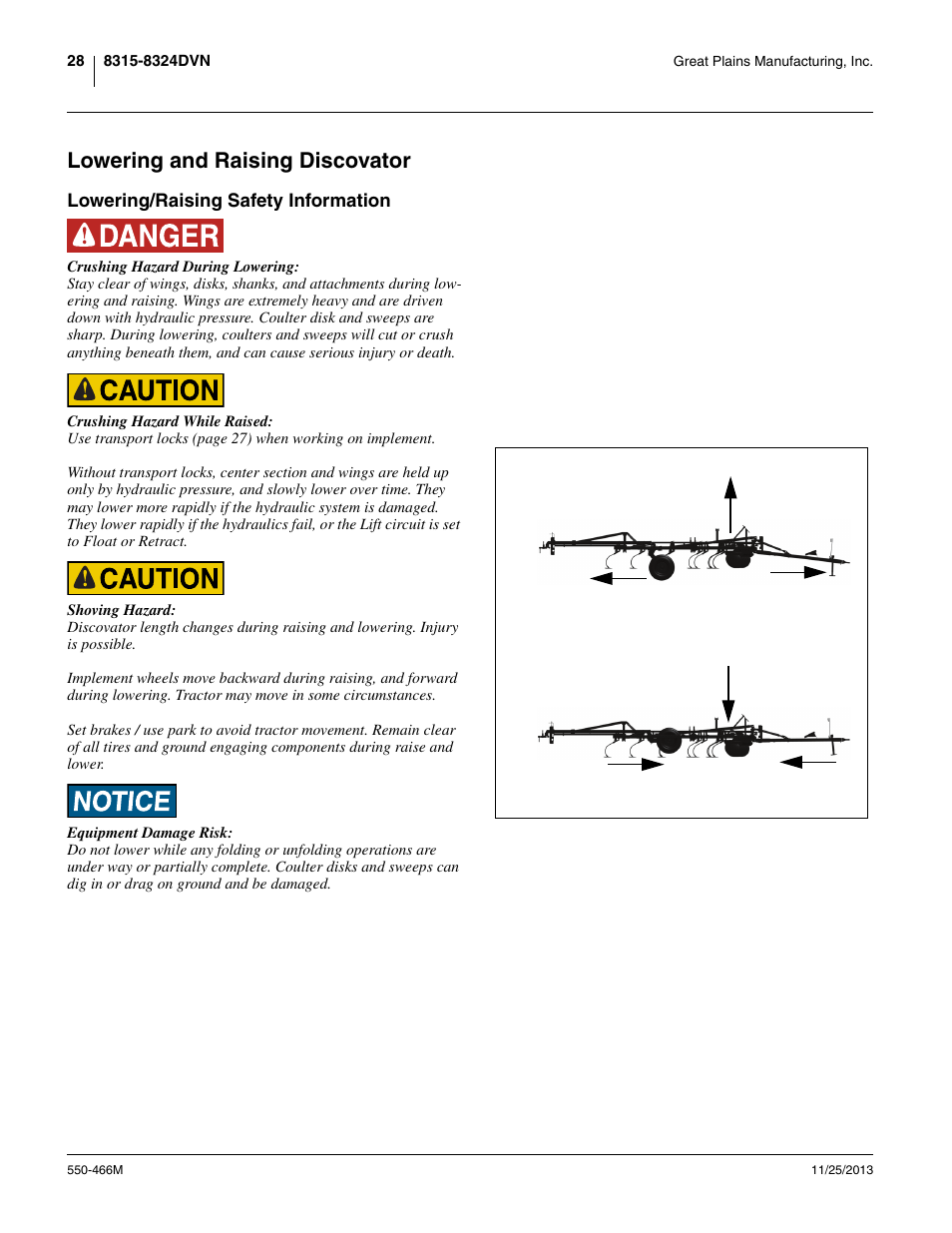 Lowering and raising discovator, Lowering/raising safety information | Great Plains DVN8324 Operator Manual User Manual | Page 32 / 78