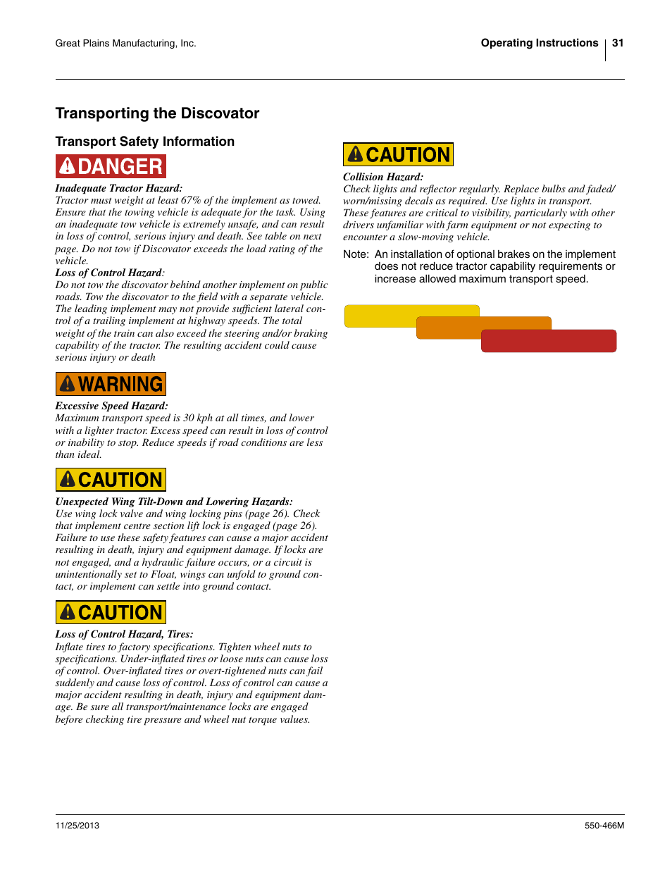 Transporting the discovator, Transport safety information | Great Plains DVN8324 Operator Manual User Manual | Page 35 / 78