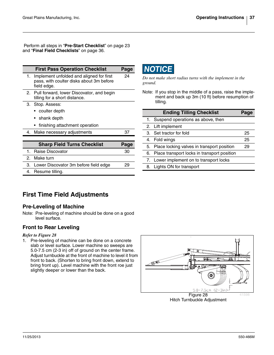 First time field adjustments, Pre-leveling of machine, Front to rear leveling | Pre-leveling of machine front to rear leveling | Great Plains DVN8324 Operator Manual User Manual | Page 41 / 78