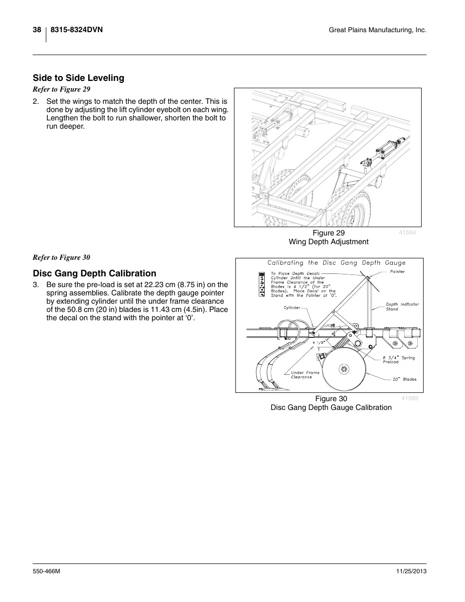 Side to side leveling, Disc gang depth calibration, Side to side leveling disc gang depth calibration | Great Plains DVN8324 Operator Manual User Manual | Page 42 / 78