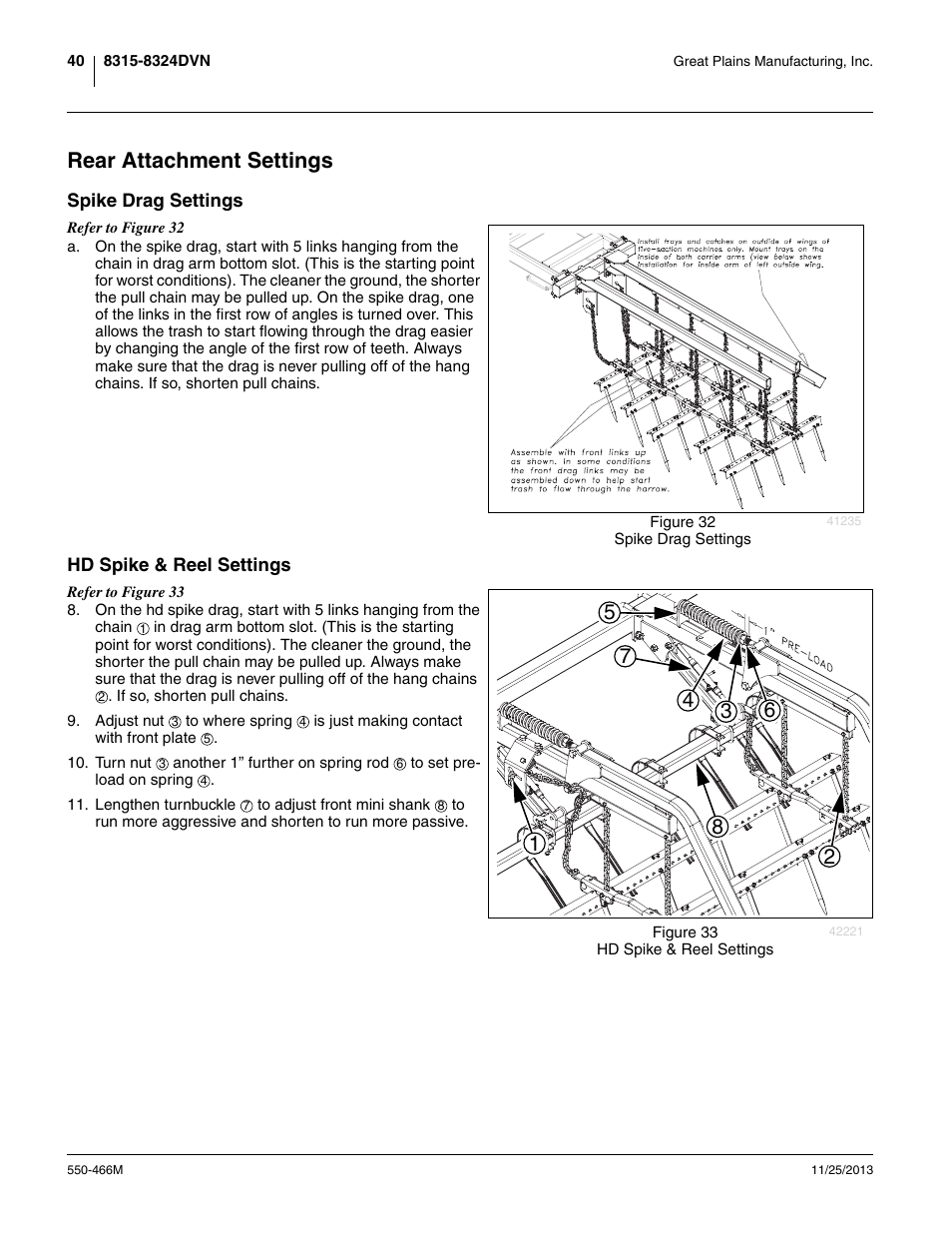 Rear attachment settings, Spike drag settings, Hd spike & reel settings | Spike drag settings hd spike & reel settings | Great Plains DVN8324 Operator Manual User Manual | Page 44 / 78