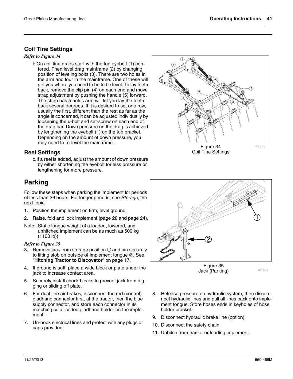 Coil tine settings, Reel settings, Parking | Coil tine settings reel settings | Great Plains DVN8324 Operator Manual User Manual | Page 45 / 78