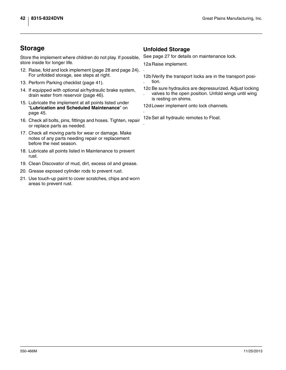 Storage, Unfolded storage | Great Plains DVN8324 Operator Manual User Manual | Page 46 / 78