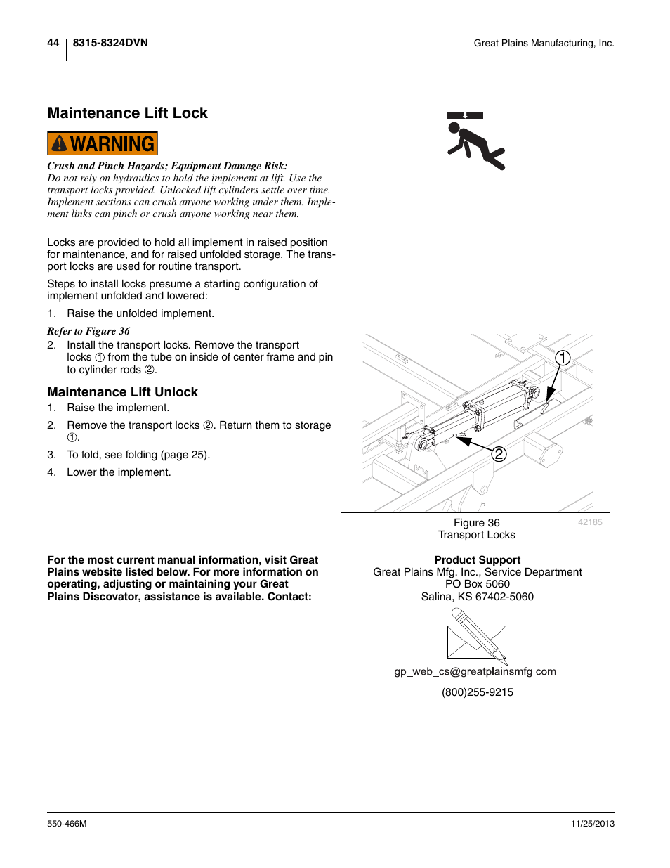 Maintenance lift lock, Maintenance lift unlock | Great Plains DVN8324 Operator Manual User Manual | Page 48 / 78