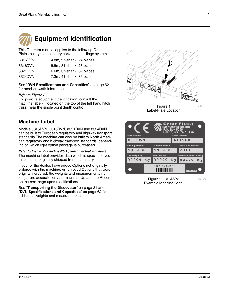 Equipment identification, Machine label, Equipment identification machine label | A1196x | Great Plains DVN8324 Operator Manual User Manual | Page 5 / 78